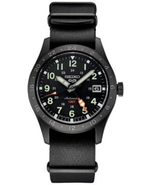 Seiko Men's Automatic 5 Sports GMT Black Leather Strap Watch 39mm