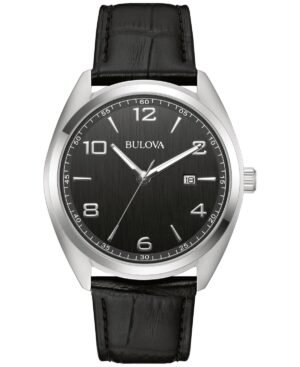Bulova Men's Black Leather Strap Watch 42mm