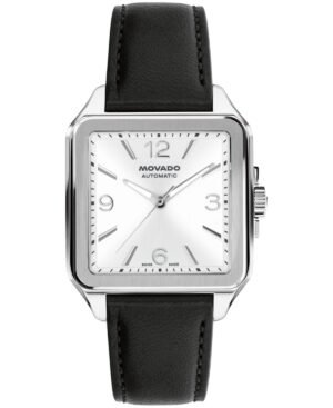 Movado Men's 1917 Swiss Automatic Black Leather Watch, 35x45.2mm