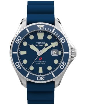 Timex Men's Mechanical Automatic Blue HNBR Rubber Watch, 44mm