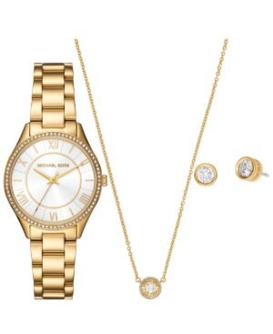 Michael Kors Women's Lauryn Three-Hand Gold-Tone Stainless Steel Watch, Earrings and Necklace Gift Set 33mm
