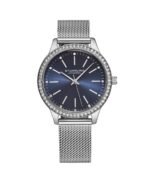 Stuhrling Women's Quartz Watch Crystal Studded Silver Tone Stainless Steel Case Blue Dial Silver Hands and Markers Mesh Bracelet