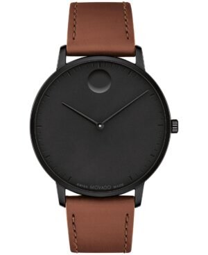 Movado Unisex Face Swiss Quartz Cognac Leather Watch, 41mm