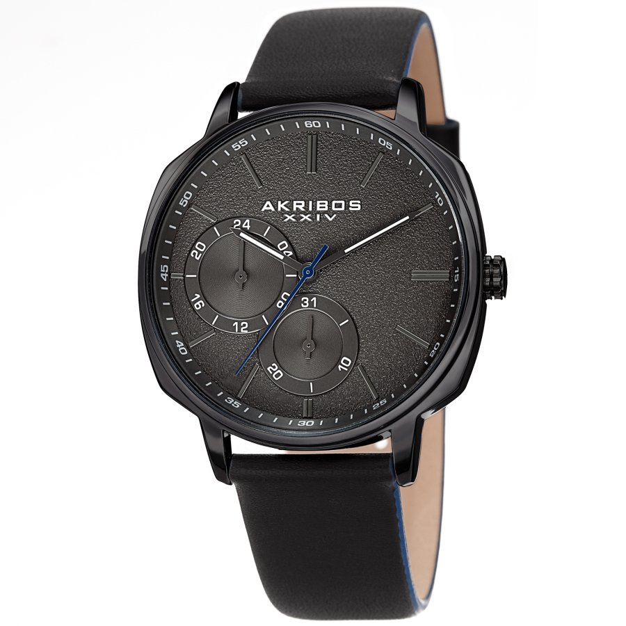 Akribos XXIV Quartz Grey Dial Black Leather Men's Watch AK1022BK