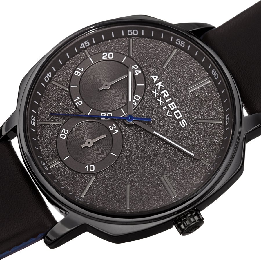 Akribos XXIV Quartz Grey Dial Black Leather Men's Watch AK1022BK - Image 2