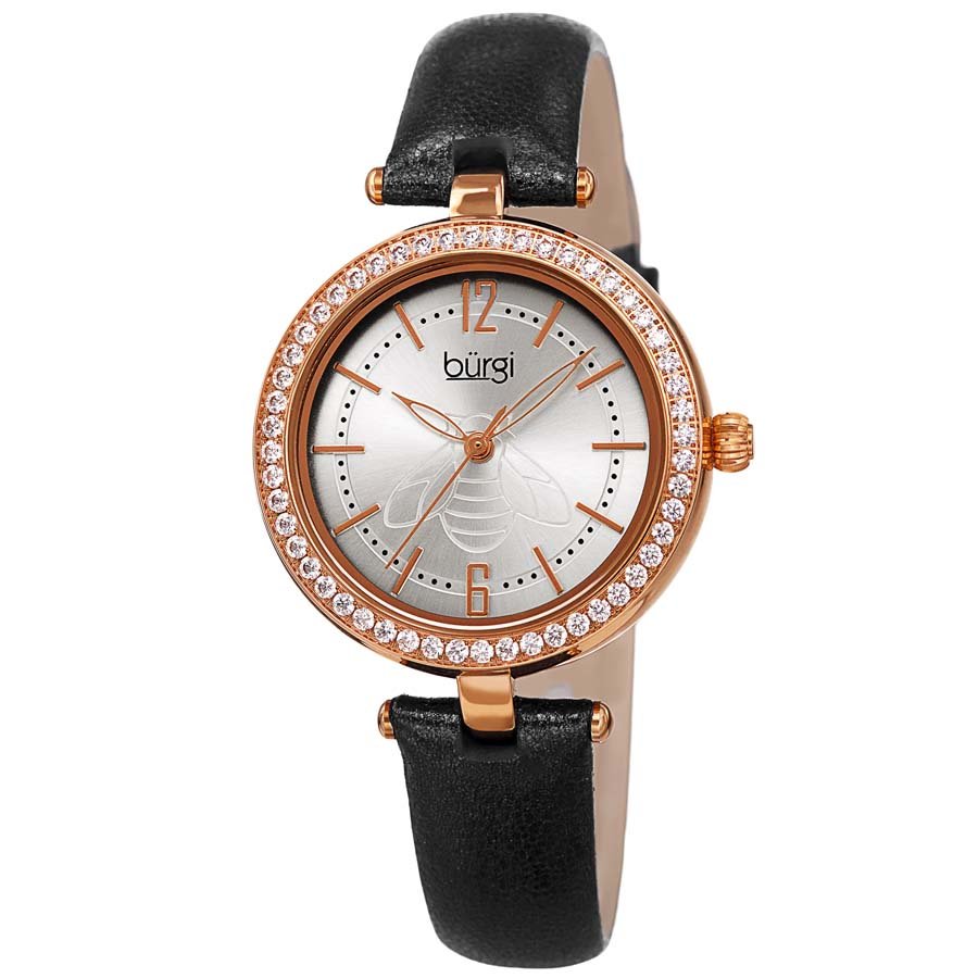Burgi Crystal Silver Dial Black Leather Ladies Watch BUR235BKR - Image 4