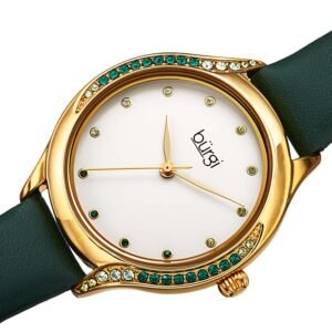 Burgi Crystal White Dial Green Leather Ladies Watch BUR239GN