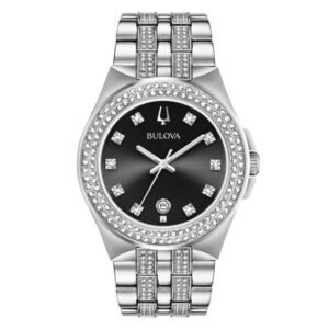 BULOVA Quartz Crystal Black Dial Men's Watch & Pendant Boxed Set 96K102