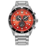 Sporty Aqua 43mm Orange Dial Men's Solar Powered Quartz Eco-Drive Watch AT2560-84X