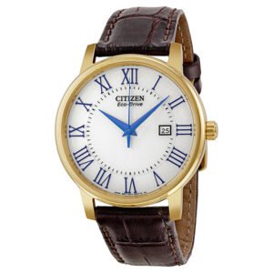 Citizen Eco Drive Silver Dial Gold Tone Brown Leather Men's Watch BM6752-02A