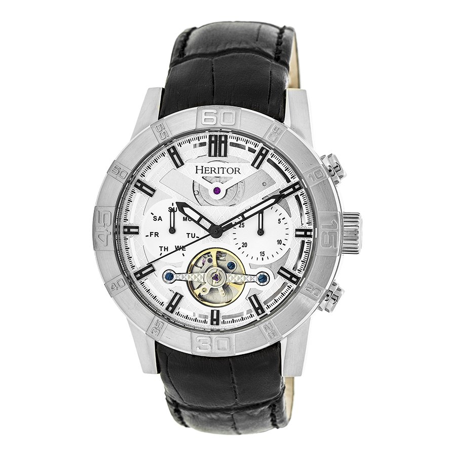 Heritor Hannibal Silver Semi-Skeleton Dial Black Leather Men's Watch HR4101