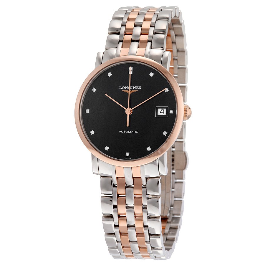 Longines Elegant Automatic Black Diamond Dial Steel and 18kt Rose Gold Ladies Watch L48095577