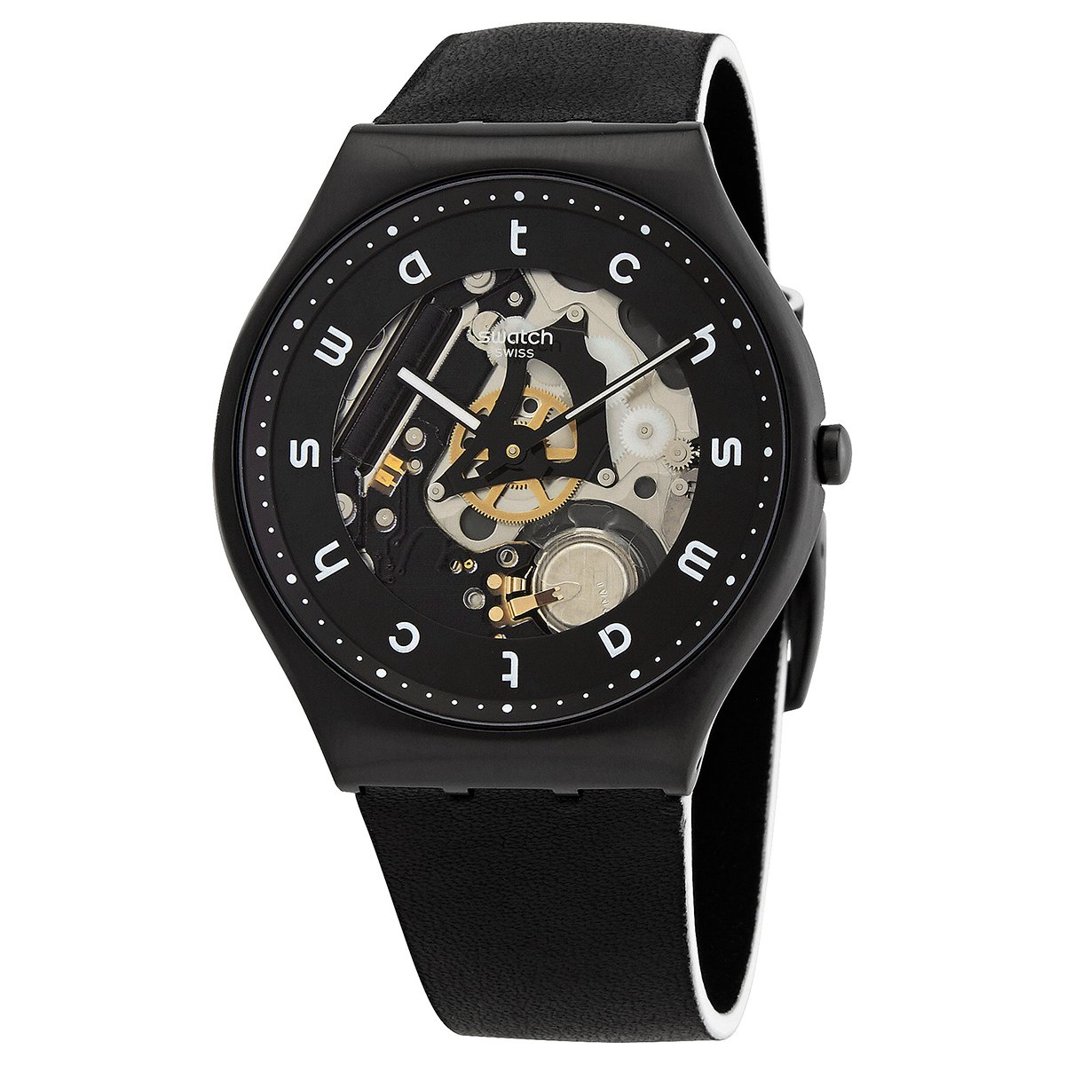 SWATCH White Side Quartz Black Skeleton Dial Men's Watch SS07B101